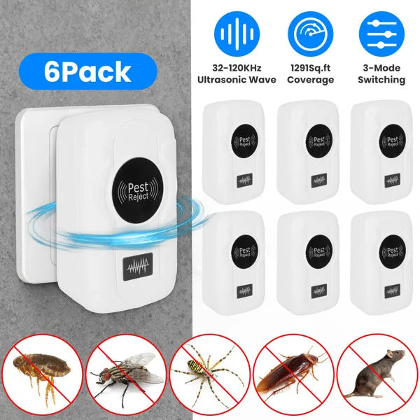 6-Pack Ultrasonic Insect Repellent - Dual Sound-Wave Tech, 3-Mode Switch, 32 - 120kHz Frequencies, Ideal For Full Home Coverage, Safe For Home With Kids - Plug-in Indoor Bug & Rodent Repeller